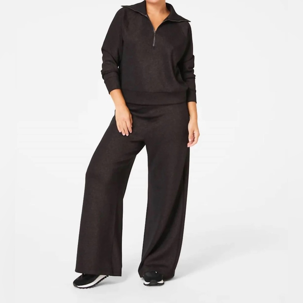 NWT SPANX Air Essentials Half Zip Top Wide Leg pant Shine Shimmer black Gunmetal